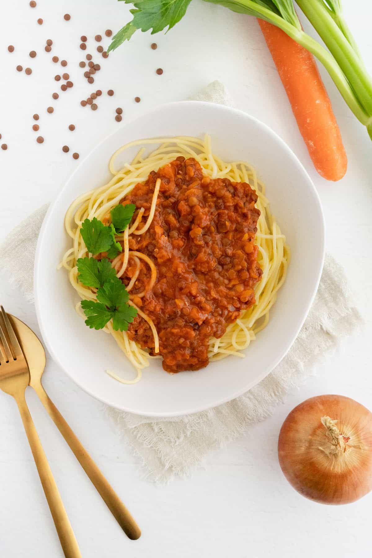 Vegan lentil bolognese in a bowl next to a carrot, celery stalk, onion, and dry lentils. 