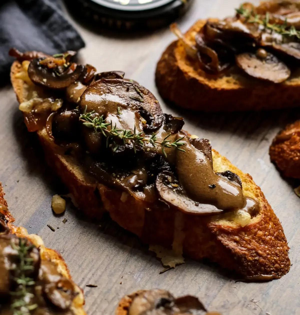 Vegan Mushroom Crostini on a table.