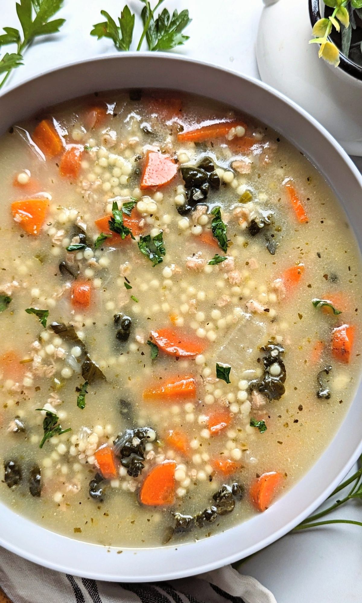 A closeup view of vegan Italian wedding soup.