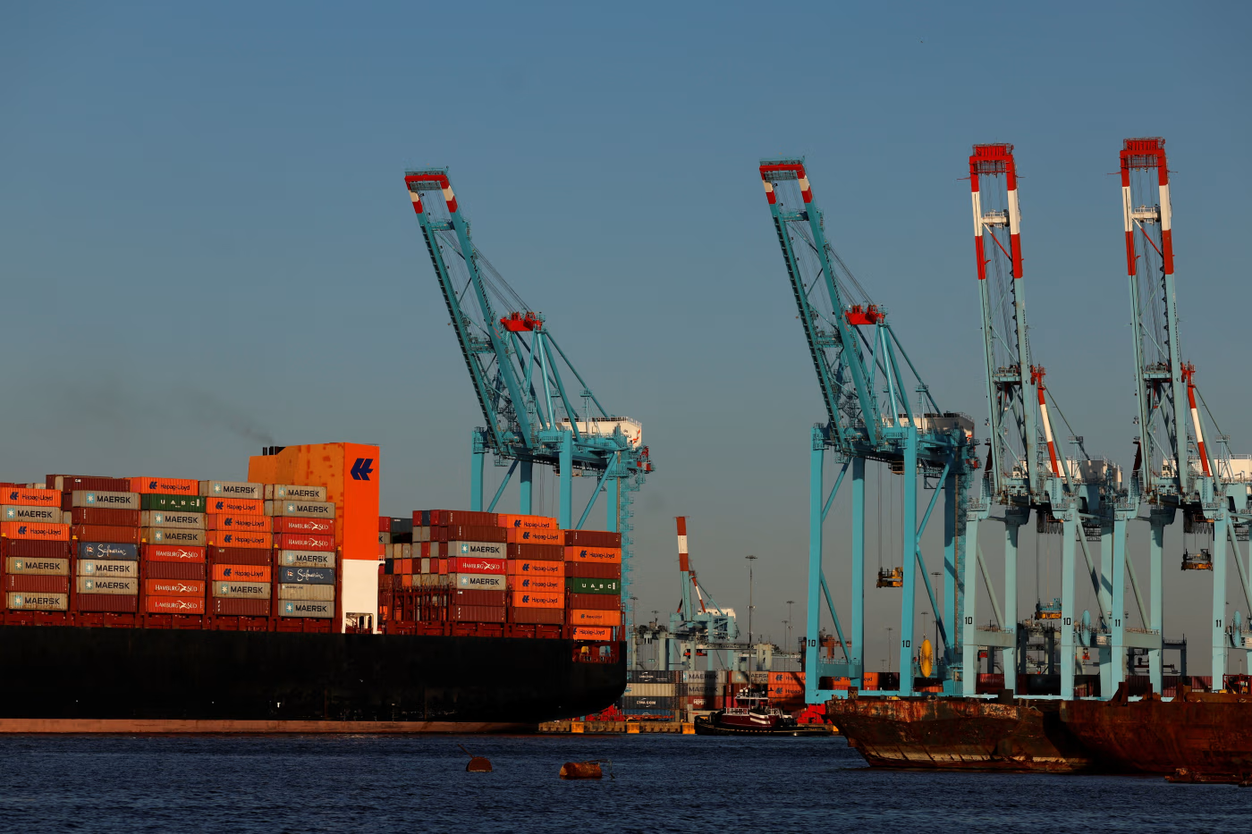 A cargo ship carrying containers at the Port of Elizabeth marine terminal, seen from Bayonne, New Jersey.