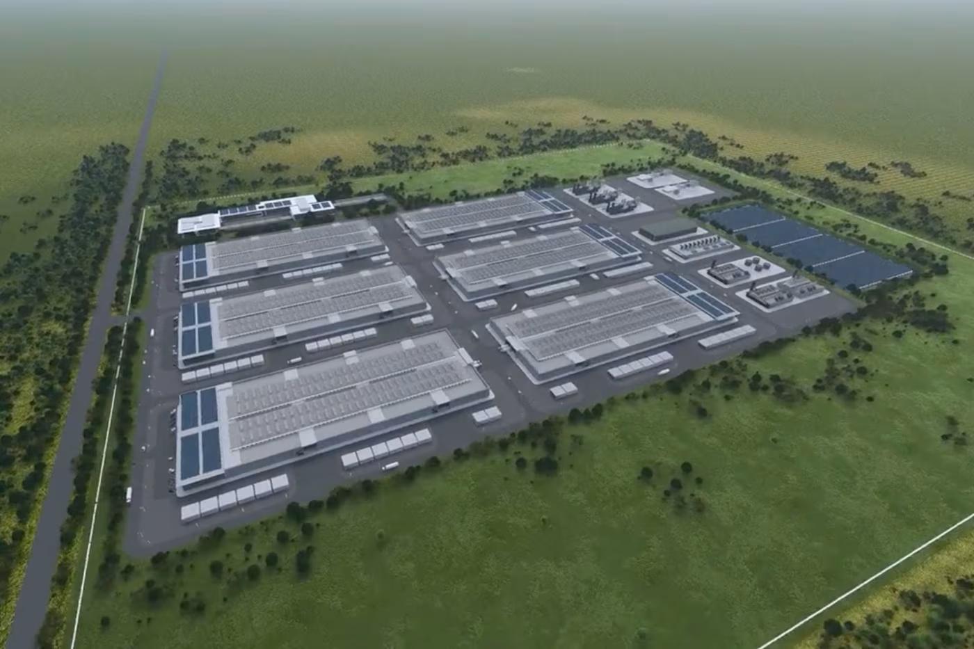 Illustration of the Nexus Data Center project in Hubbard, Texas, featuring multiple buildings, solar panels, and surrounding green landscape.