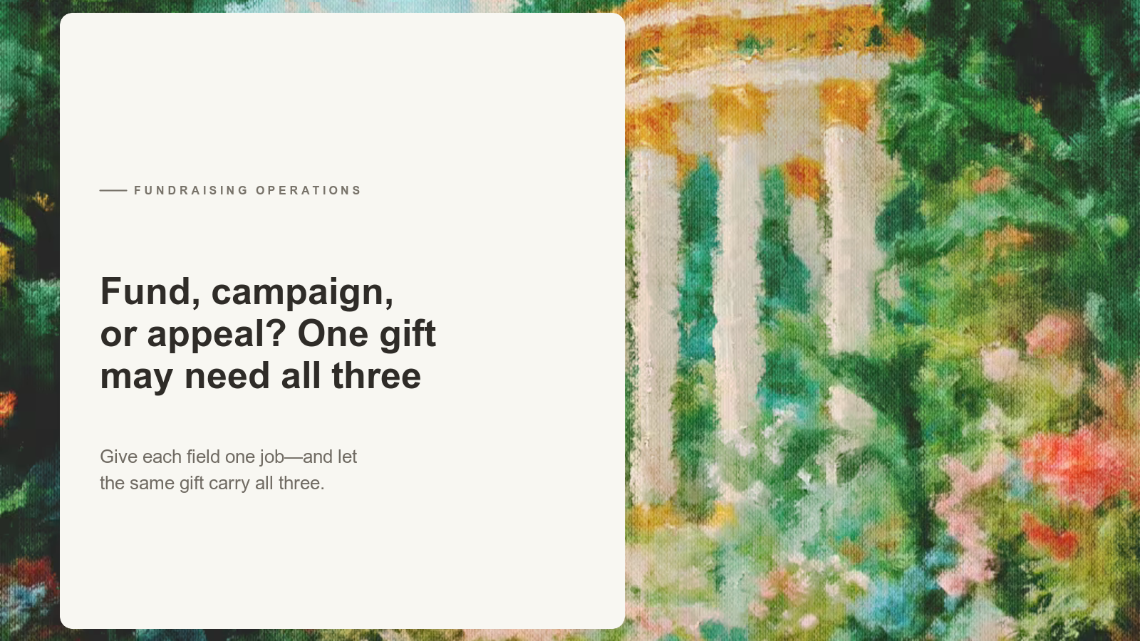 Editorial card about fund, campaign, and appeal fields over an Aurelia painting of a white columned temple among turquoise foliage and flowers.