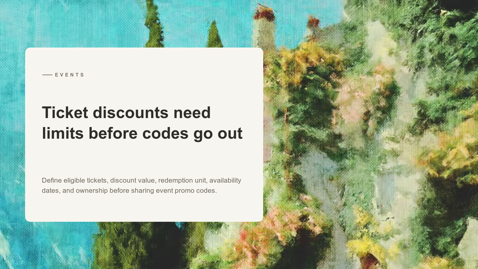 Editorial card over an Aurelia painting of cypress trees beside a hillside villa.