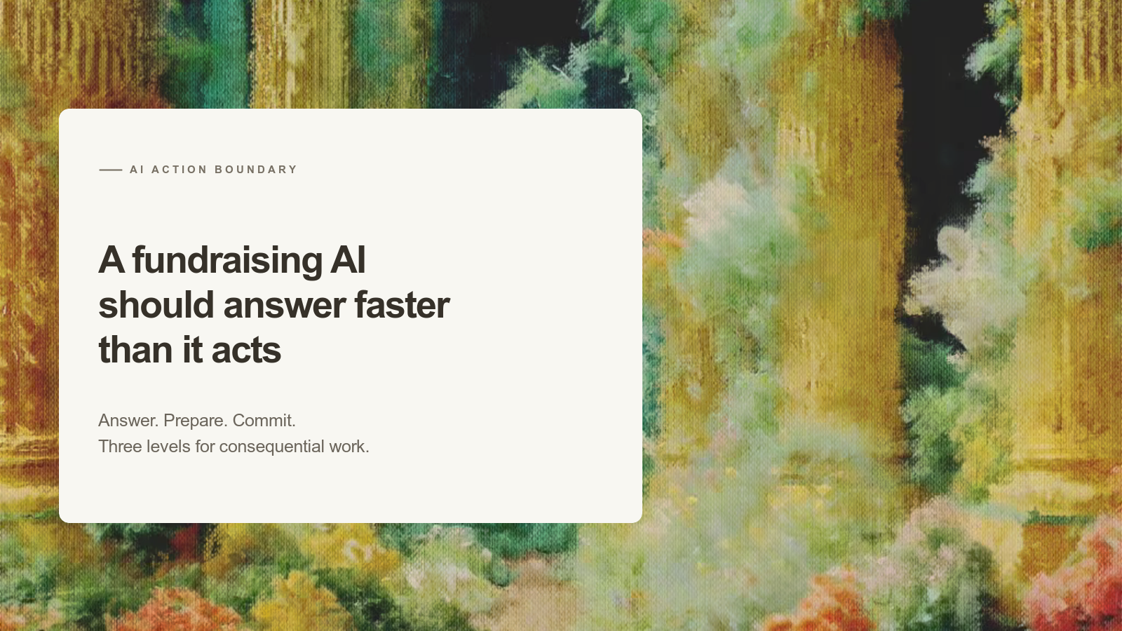 Editorial card about fundraising AI permission levels over an Aurelia painting of sunlit columns and green foliage.