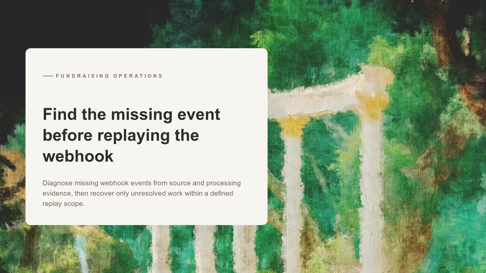 Editorial card over an Aurelia painting of a classical pavilion framed by green trees.