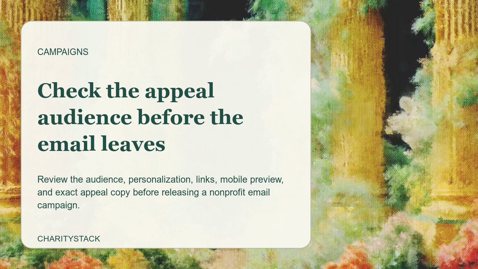 Editorial card over an Aurelia painting of a turquoise passage framed by garden columns.