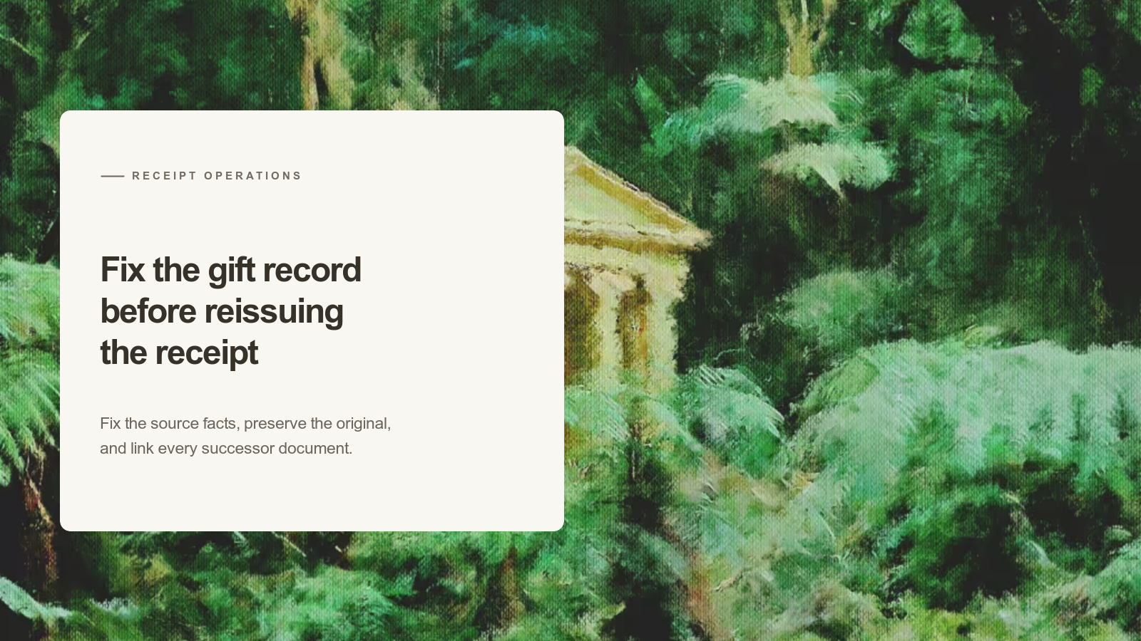 Editorial card about corrected donation receipts over an Aurelia painting of a small classical pavilion among dense green ferns.