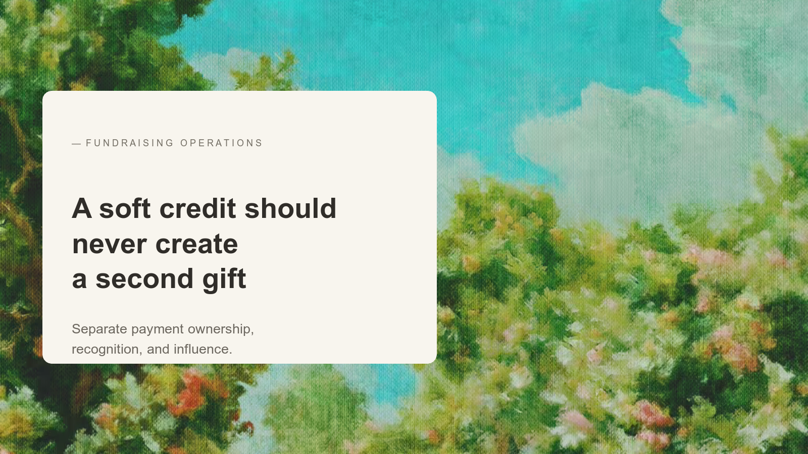 Editorial card about soft credits over an Aurelia painting of flowering trees beneath a bright turquoise sky.