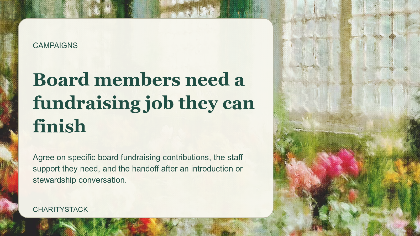 Editorial card over an Aurelia painting of a greenhouse filled with flowers.