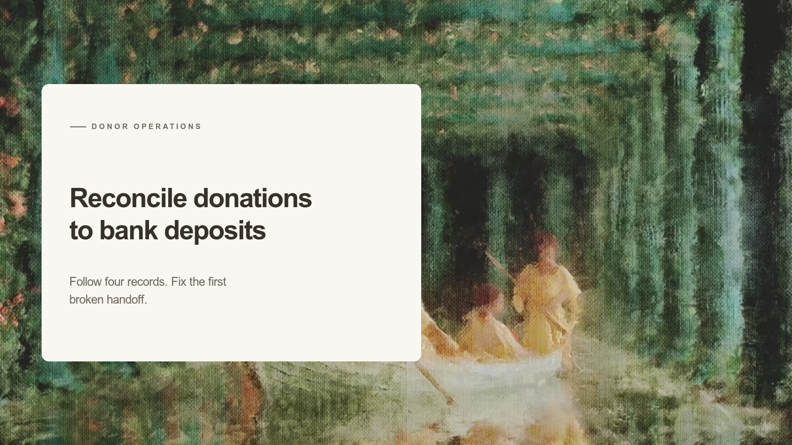 Editorial card reading 'Reconcile donations to bank deposits' over an Aurelia painting of figures traveling in a white boat beneath green columns.