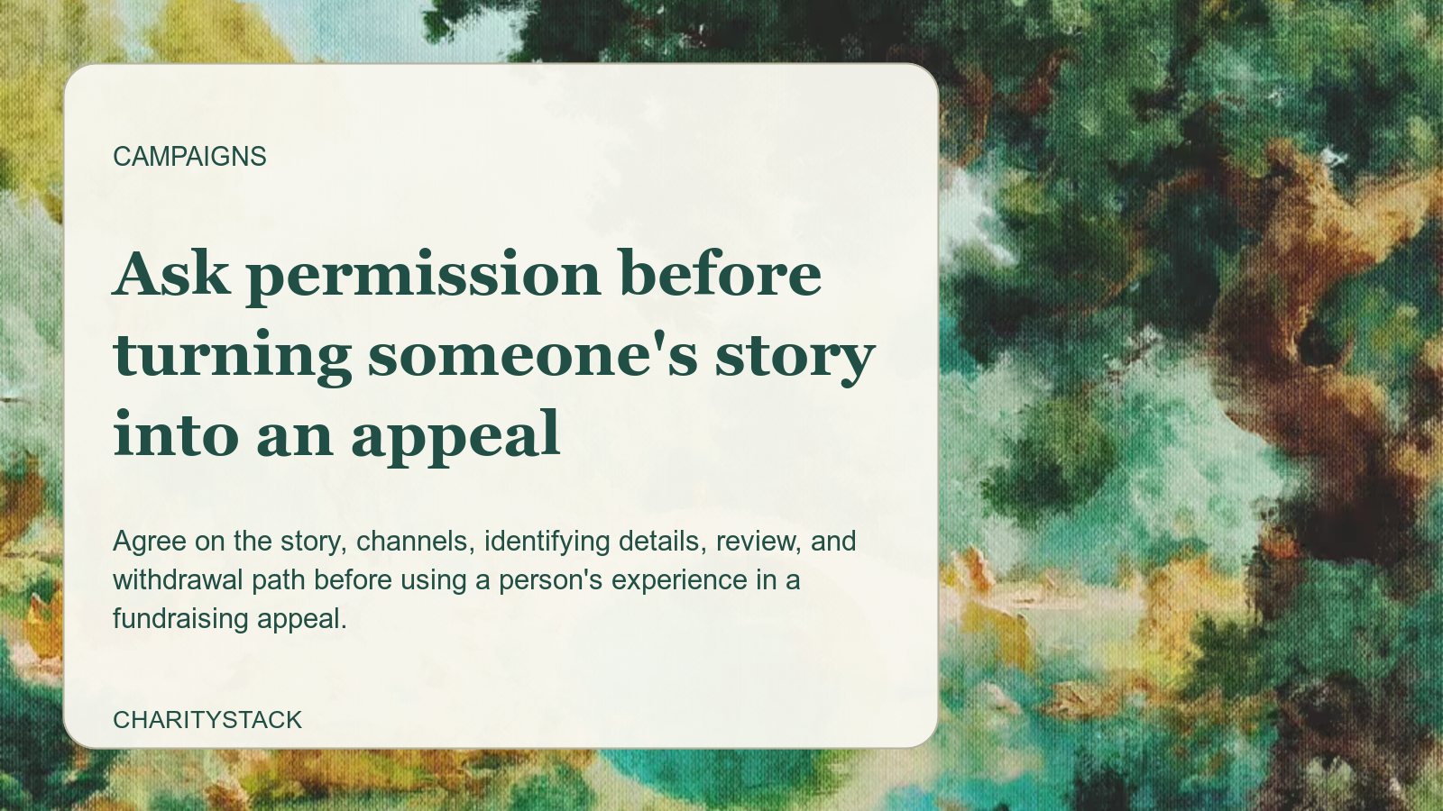 Editorial card over an Aurelia painting of a garden path beside turquoise water.