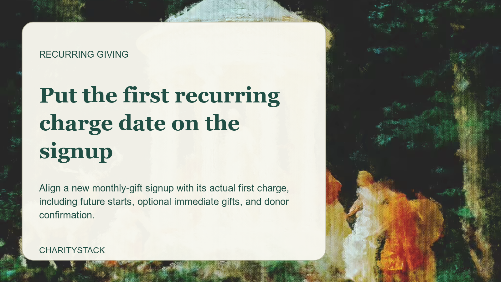 Editorial card over an Aurelia painting of a classical garden pavilion and figures.