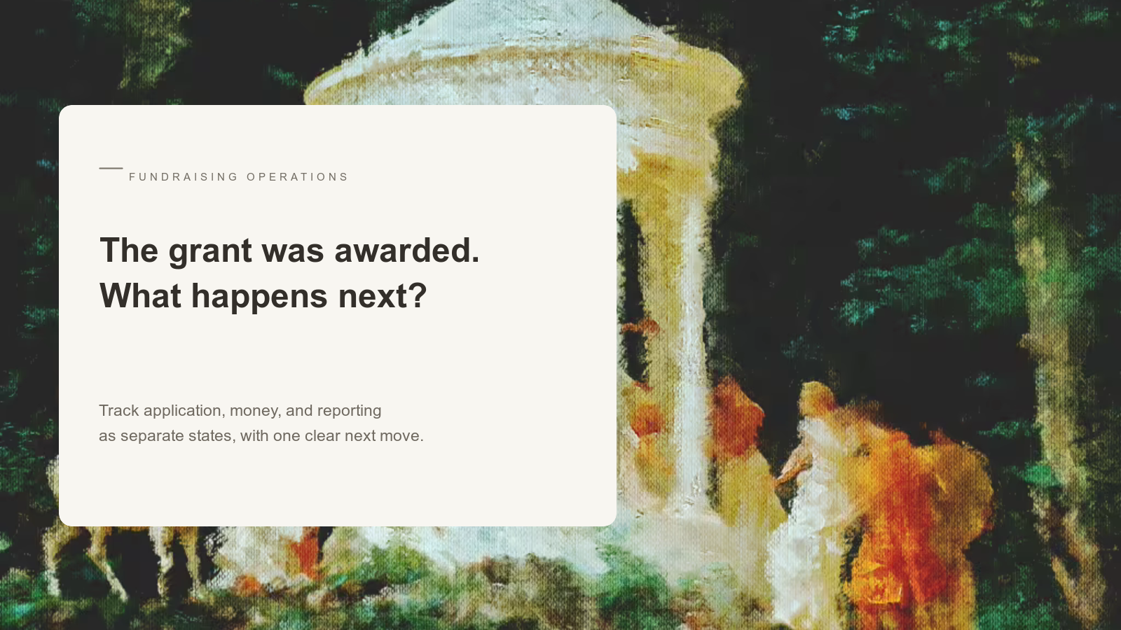 Editorial card about grant tracking over an Aurelia painting of figures gathered around a white pavilion in a dark forest.