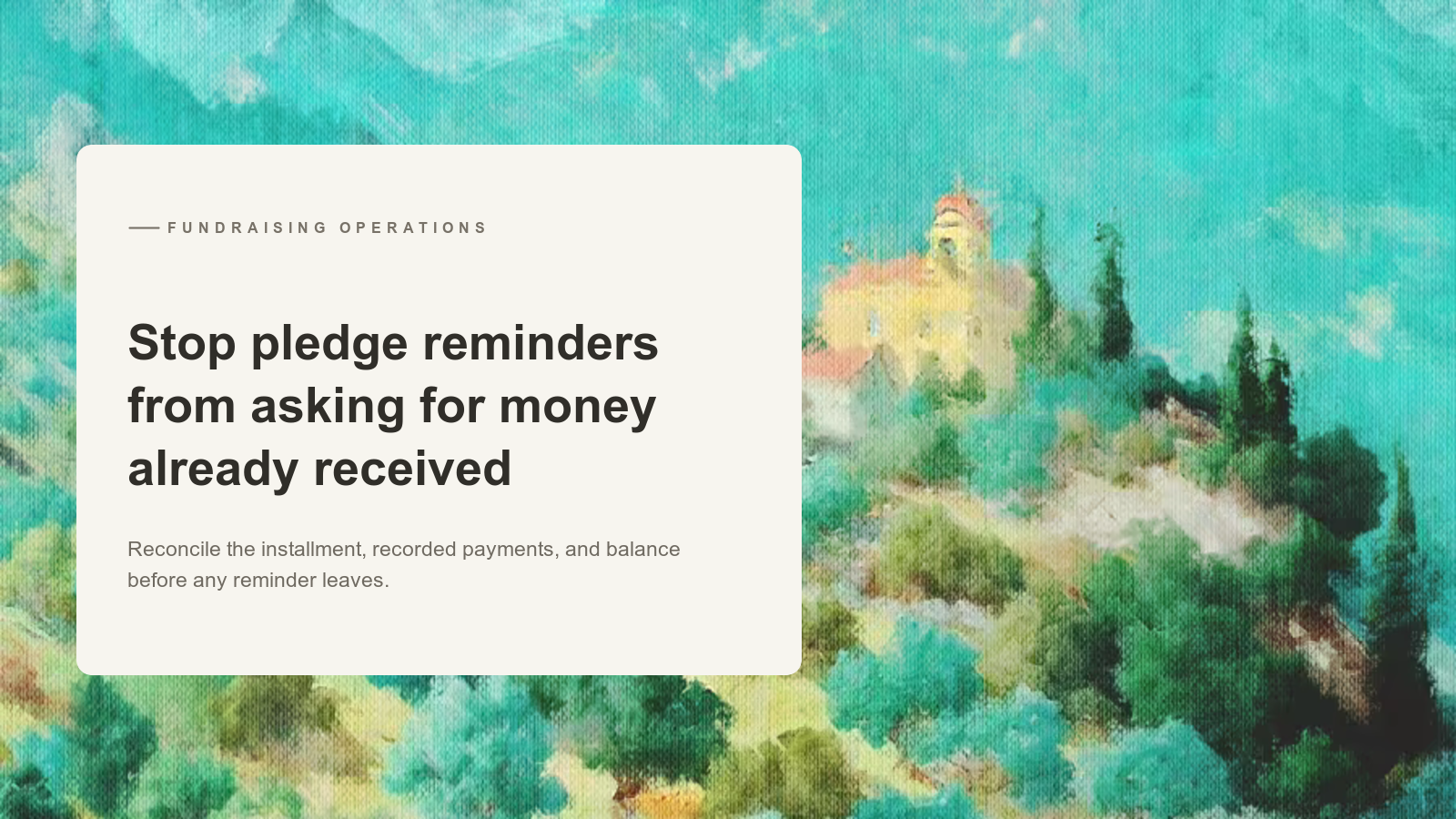 Editorial card over an Aurelia painting of a sunlit hilltop building among turquoise trees and distant mountains.
