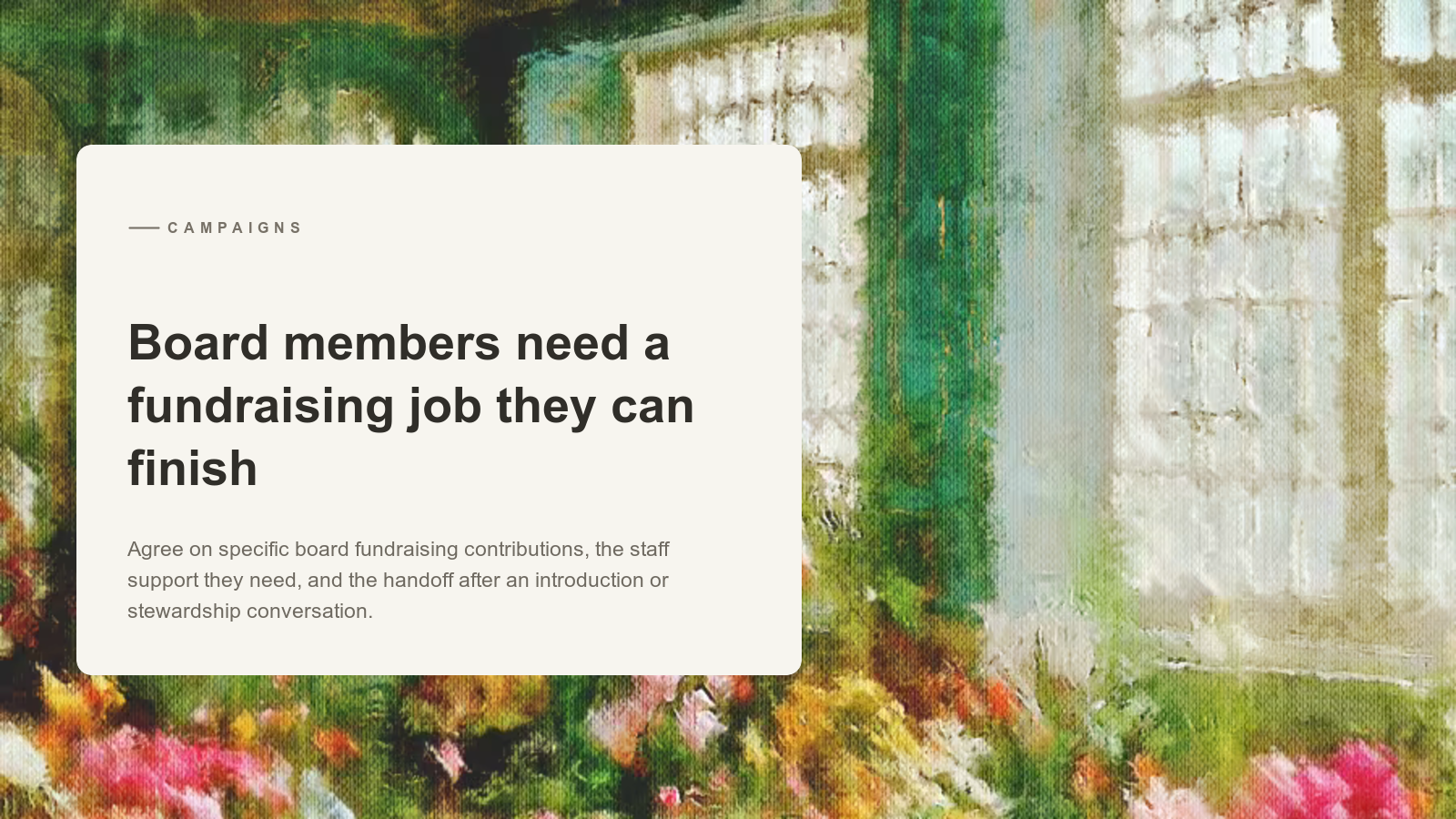 Editorial card over an Aurelia painting of a greenhouse filled with flowers.
