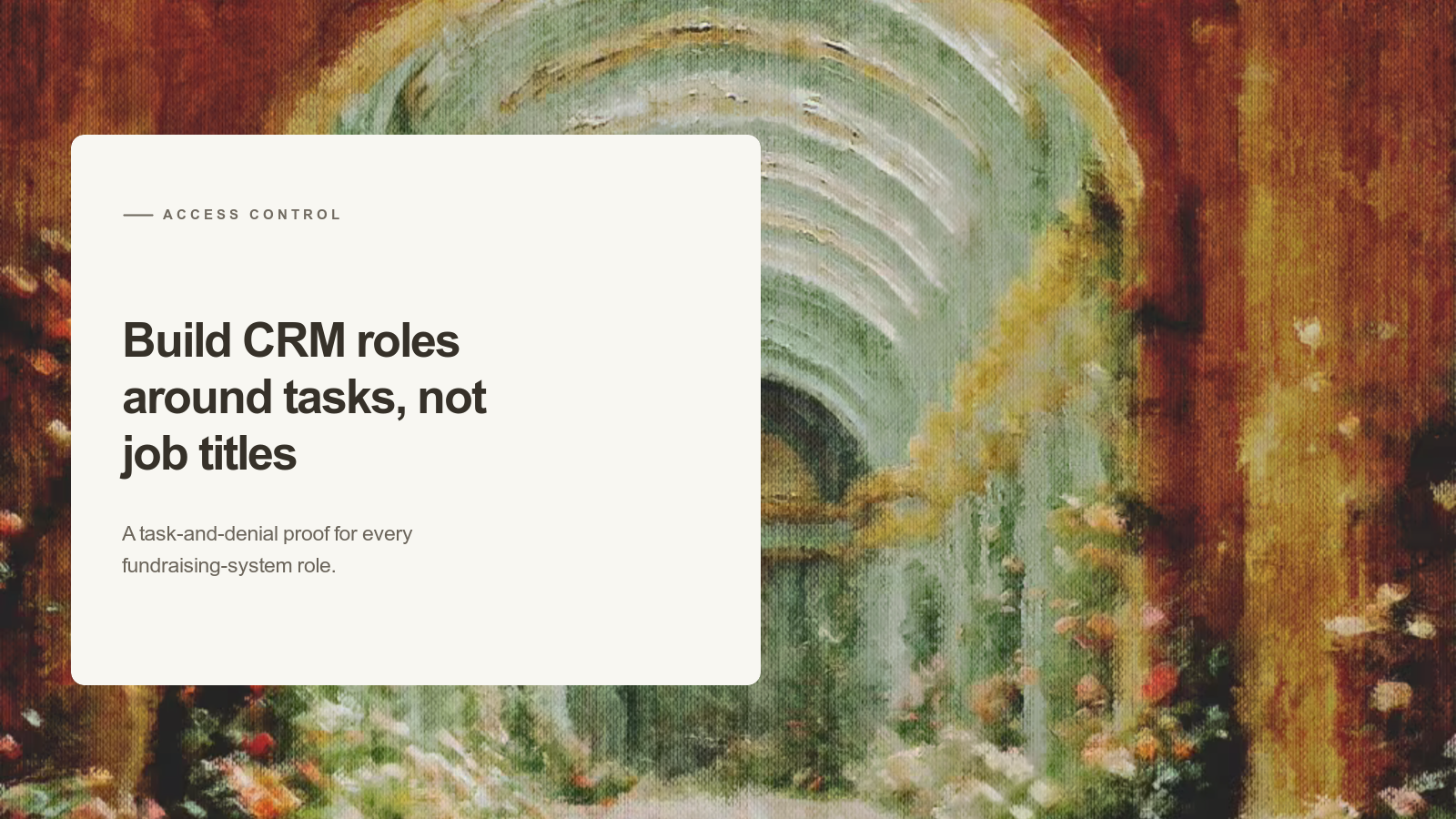 Editorial card about nonprofit CRM permissions over an Aurelia painting of a pale arched passage framed by warm red and gold walls.