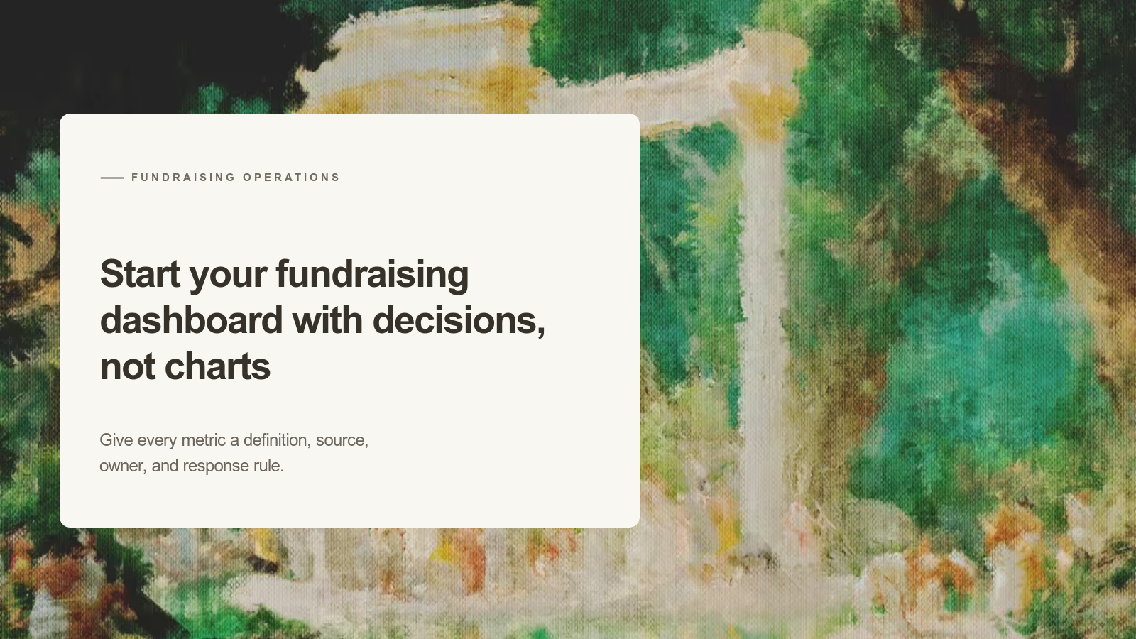 Editorial card about fundraising dashboard metrics over an Aurelia painting of white columns in a green landscape.