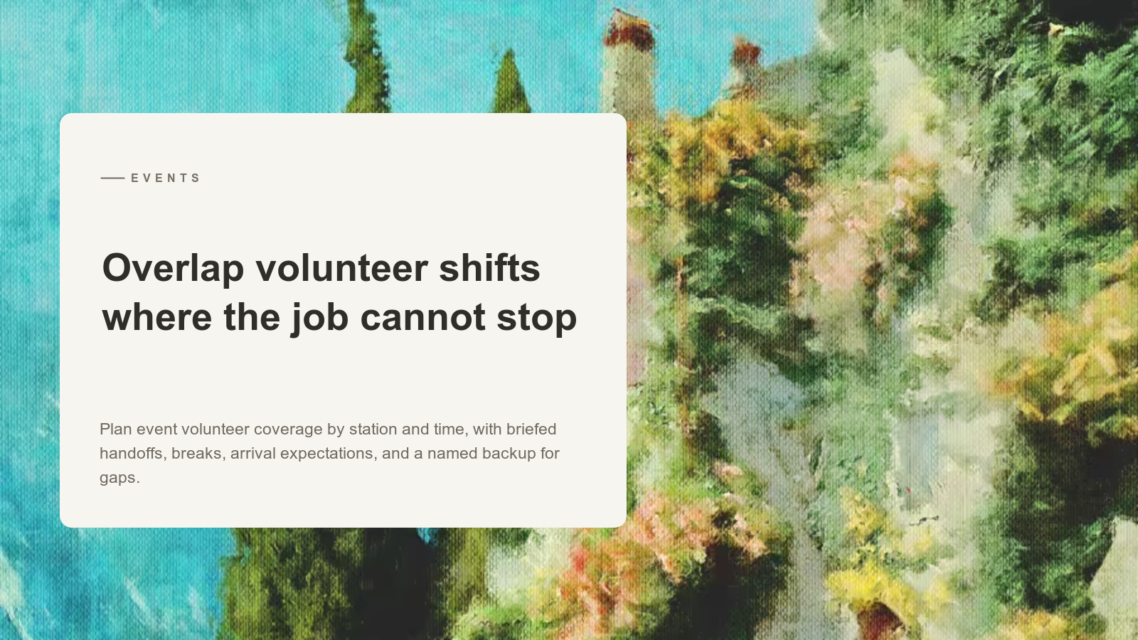 Editorial card over an Aurelia painting of cypress trees beside a hillside villa.