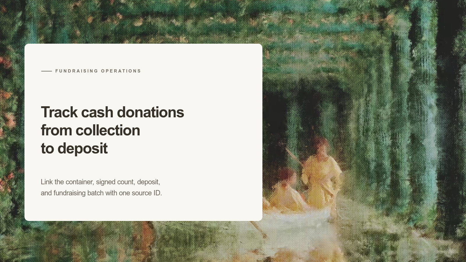 Editorial card about tracking cash donations from collection to deposit over an Aurelia painting of people traveling together in one white boat.