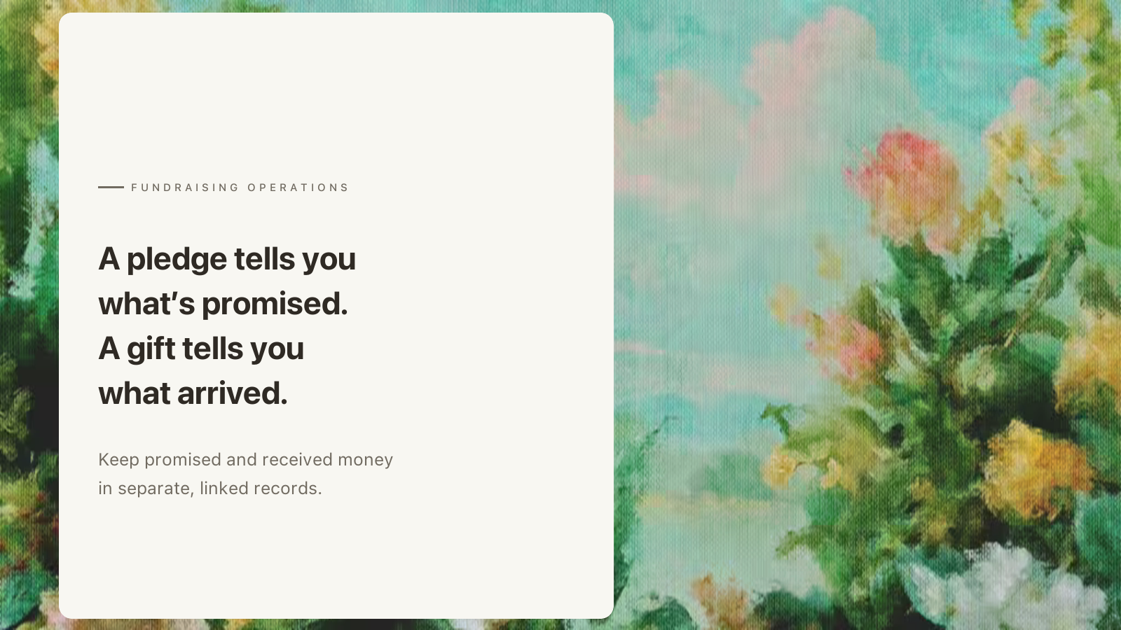 Editorial card about nonprofit pledge records over an Aurelia painting of pink, yellow, and white flowers beneath a turquoise sky.