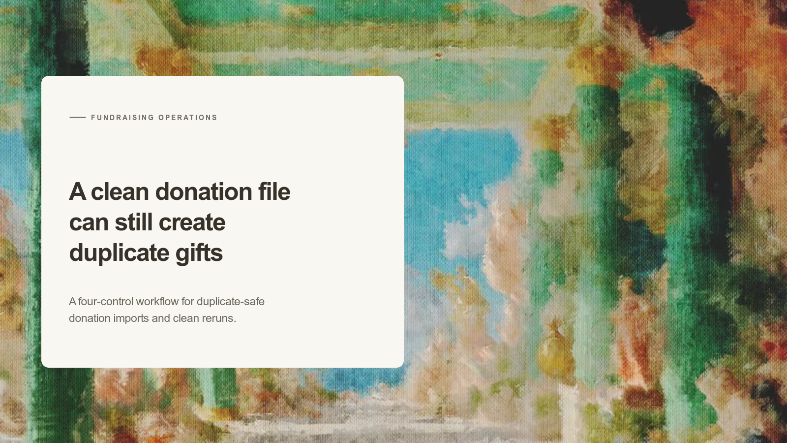 Editorial card about repeat-safe donation imports over an Aurelia painting of a columned passage leading toward blue sky.