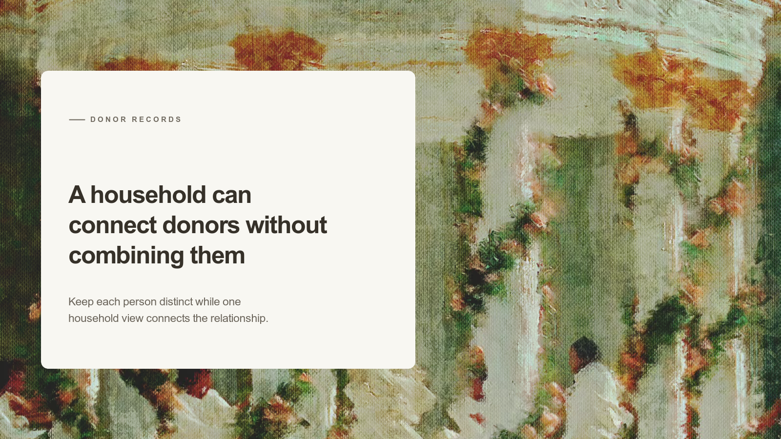 Editorial card about donor household records over an Aurelia painting of three distinct figures beneath one flowered colonnade.