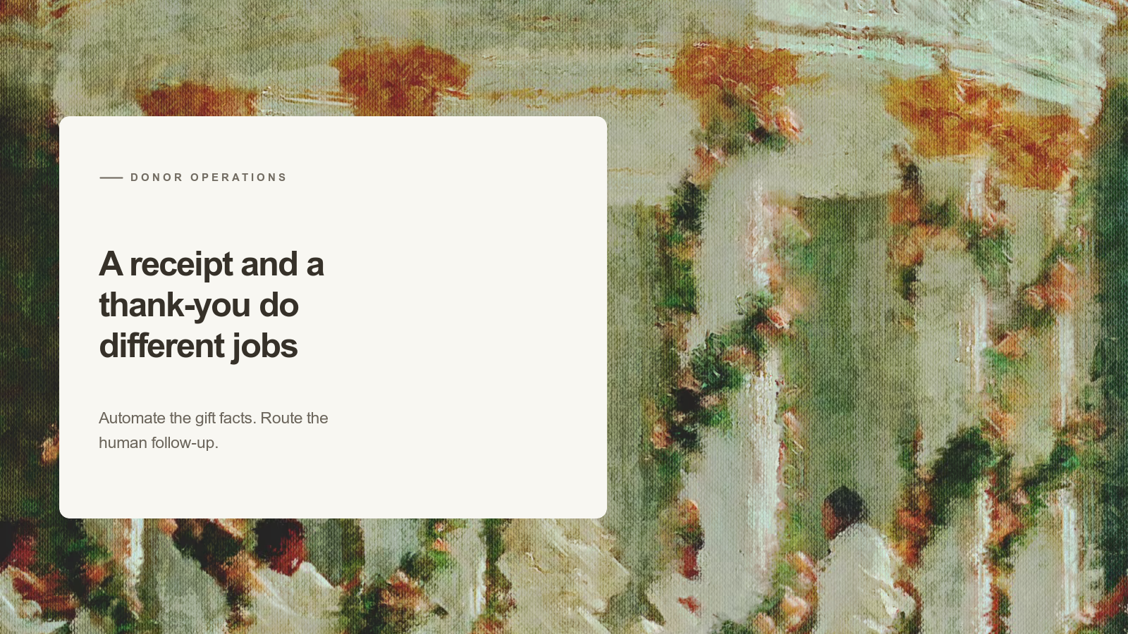 Editorial card reading “A receipt and a thank-you do different jobs” over an Aurelia painting of flower-wrapped white columns and several figures in white.