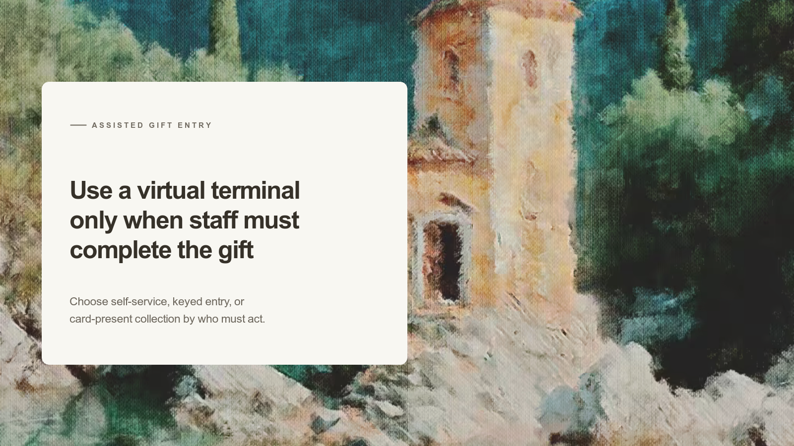 Editorial card about staff-assisted gift entry beside an Aurelia painting of a pale tower with one dark doorway in a rocky green landscape.