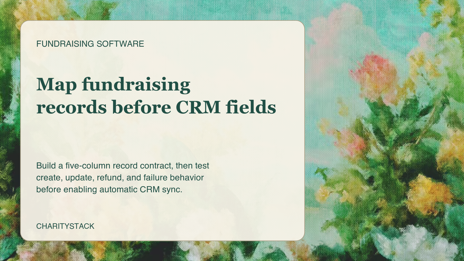 Editorial card about mapping fundraising records over an Aurelia painting of pink and white flowers against a turquoise sky.