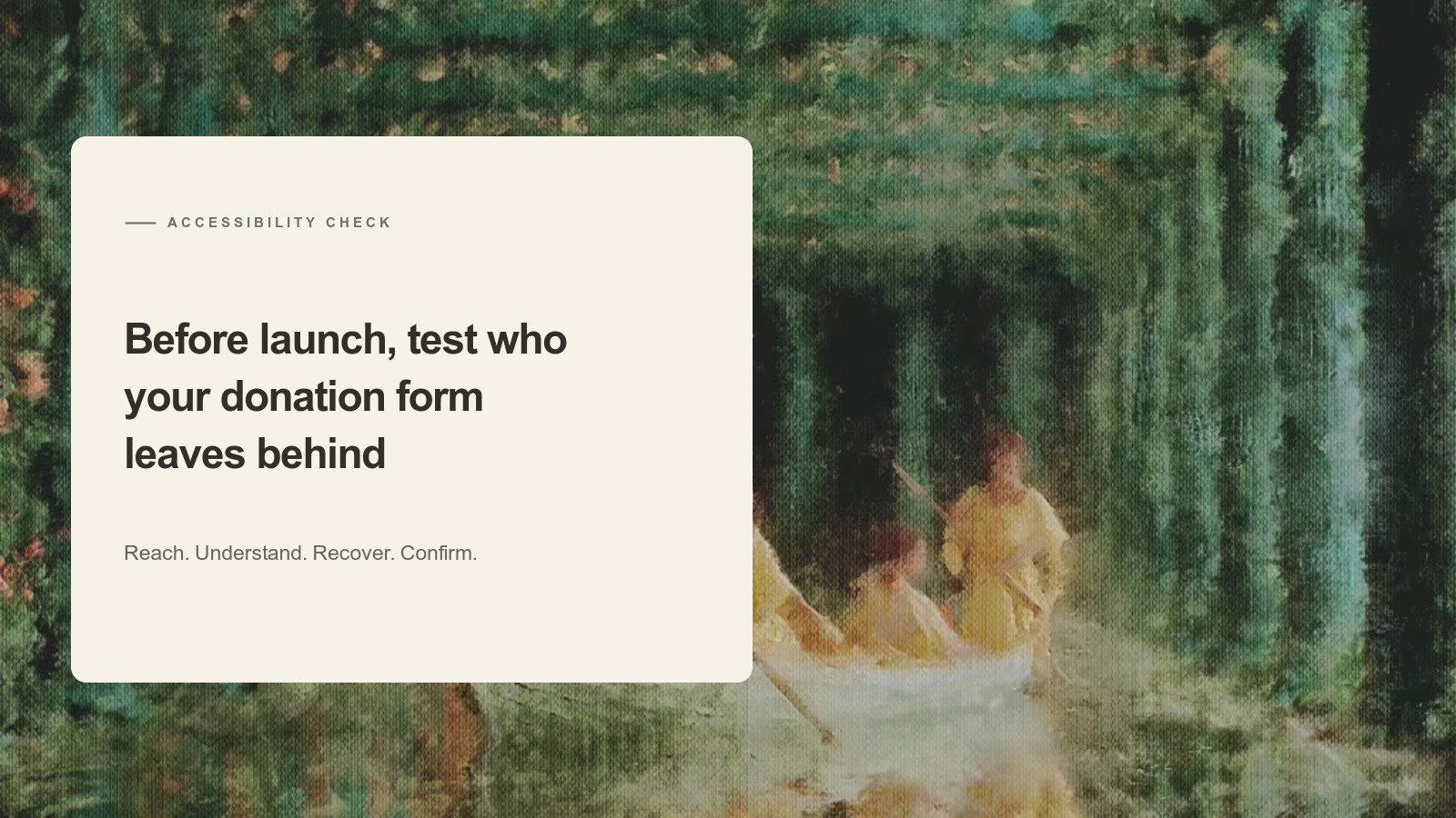 Editorial card about donation-form accessibility over an Aurelia painting of people navigating a boat through a green colonnade.