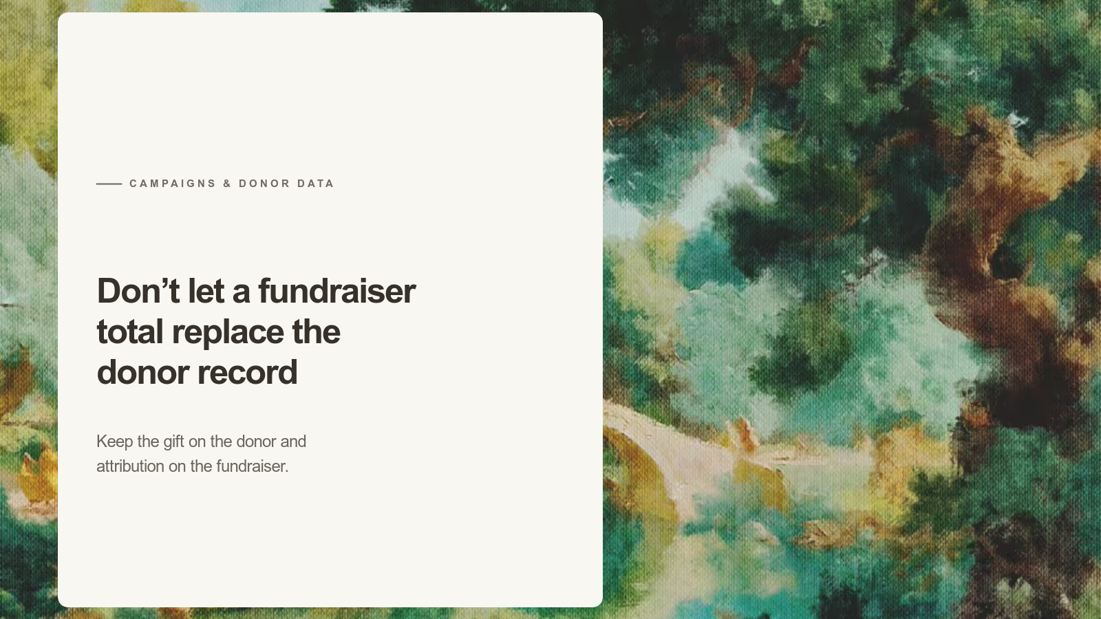 Editorial card about peer-to-peer donor records over an Aurelia painting of a pale stone bridge beneath green trees.