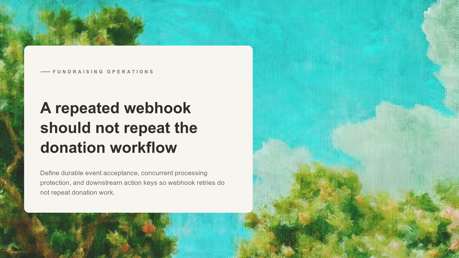 Editorial card over an Aurelia painting of a sunlit garden opening onto a turquoise sky.
