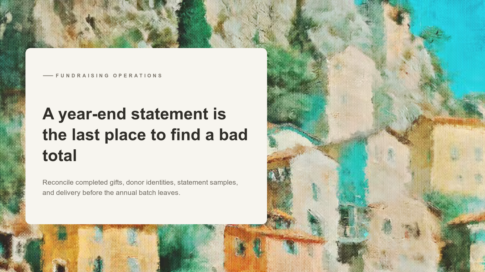 Editorial card over an Aurelia painting of sunlit ochre buildings beside turquoise water.