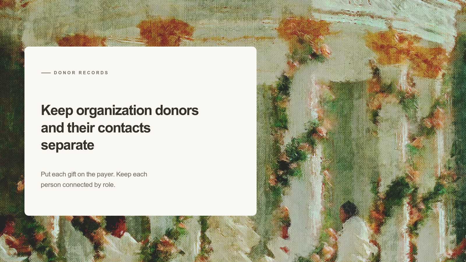 Editorial card about organization donor records over an Aurelia painting of white columns and small figures among red flowers.