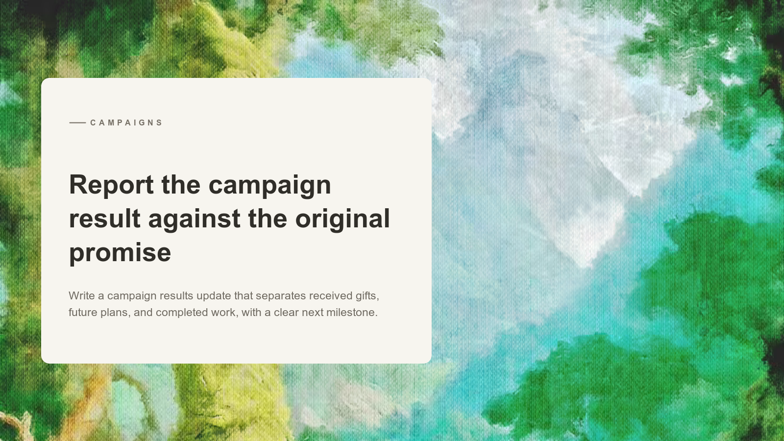 Editorial card over an Aurelia painting of a garden opening onto pale mountains.