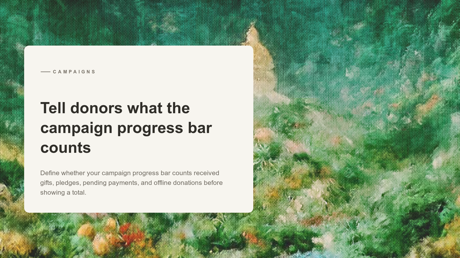 Editorial card over an Aurelia painting of a flower garden beneath a wooded arbor.