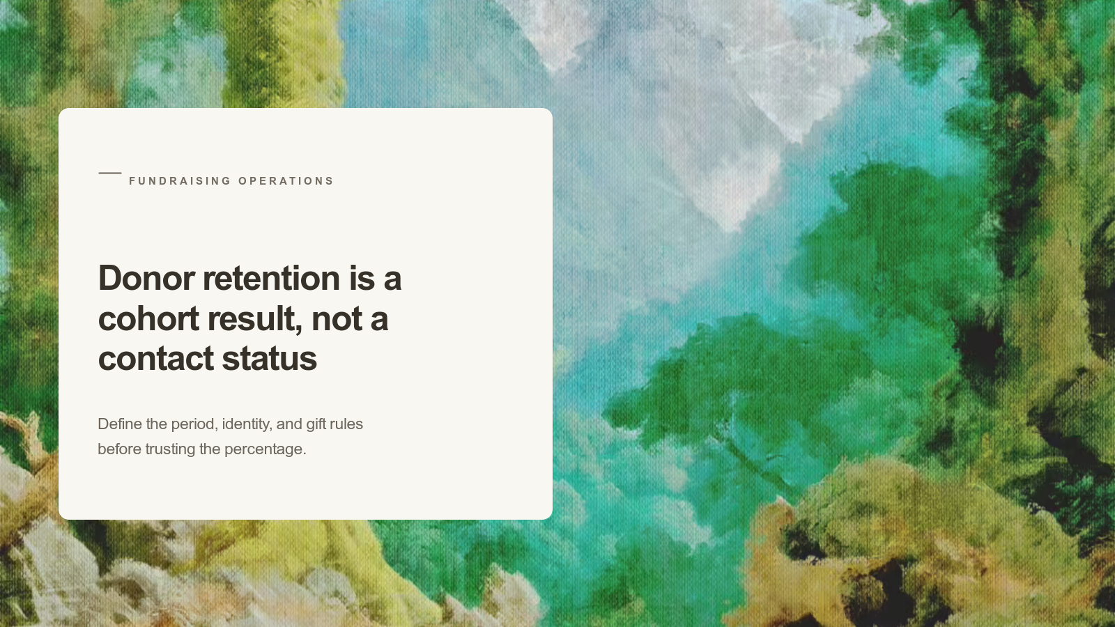 Editorial card about donor retention reporting over an Aurelia painting of layered green forest and pale mountain ridges.