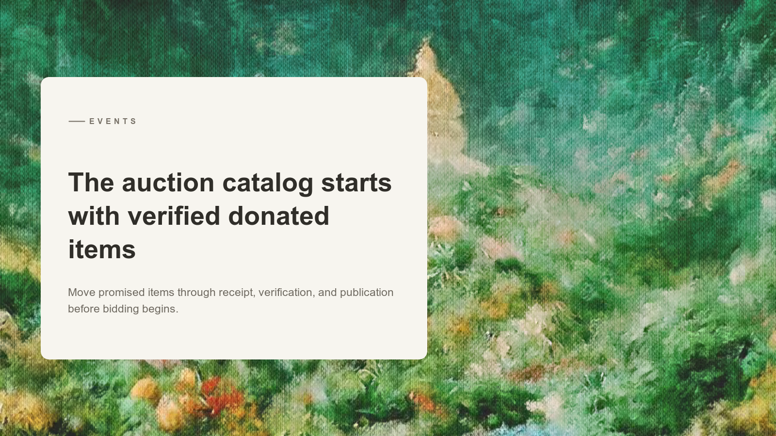 Editorial card about auction item verification over an Aurelia painting of a pale tower rising through a green flower garden.