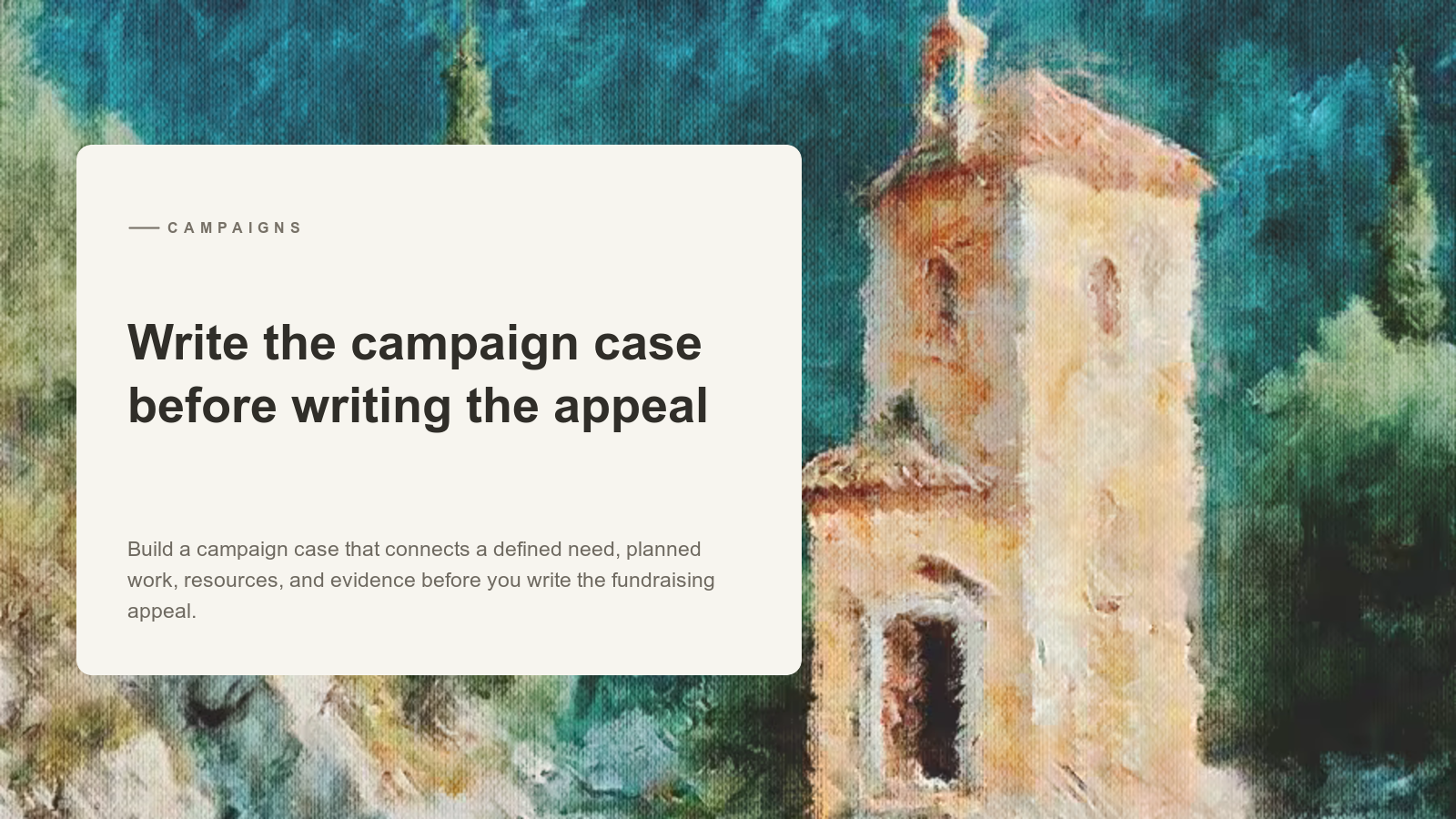 Editorial card over an Aurelia painting of a stone tower beside a wooded coast.