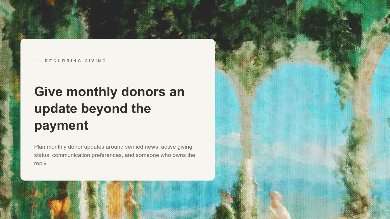 Editorial card over an Aurelia painting of a flowered colonnade and distant mountains.