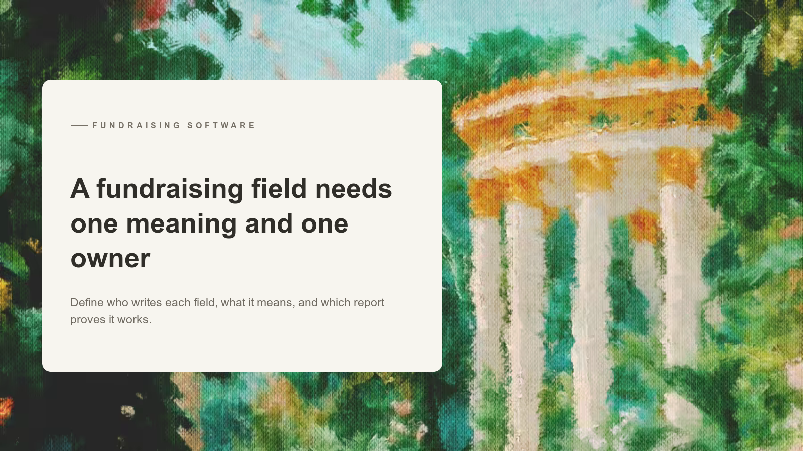 Editorial card over an Aurelia painting of a sunlit columned pavilion framed by deep green foliage.