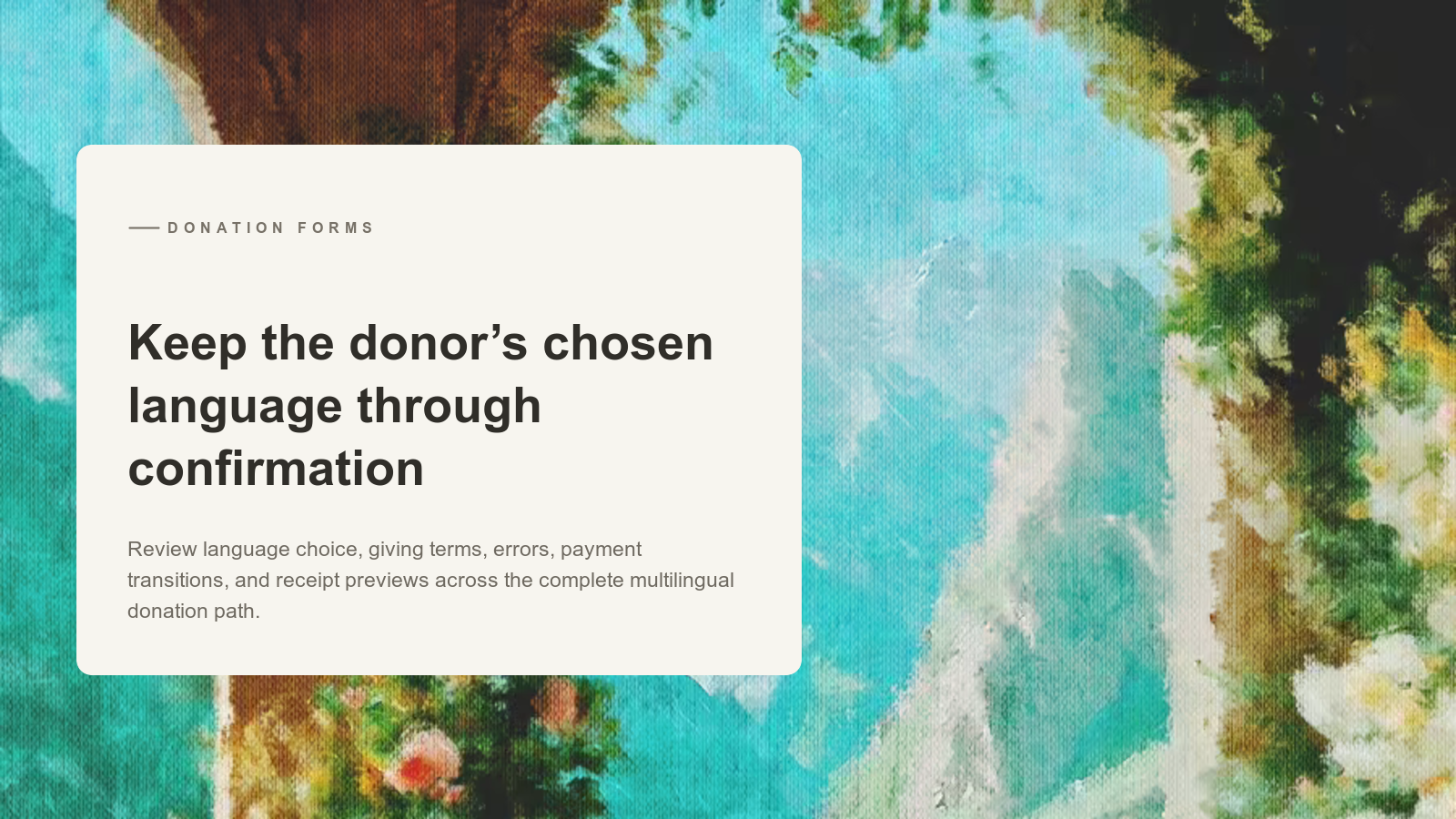 Editorial card over an Aurelia painting of a garden arch opening onto distant mountains.