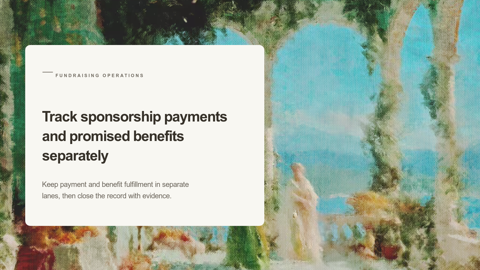 Editorial card about sponsorship tracking over an Aurelia painting of two figures beneath separate seaside arches.