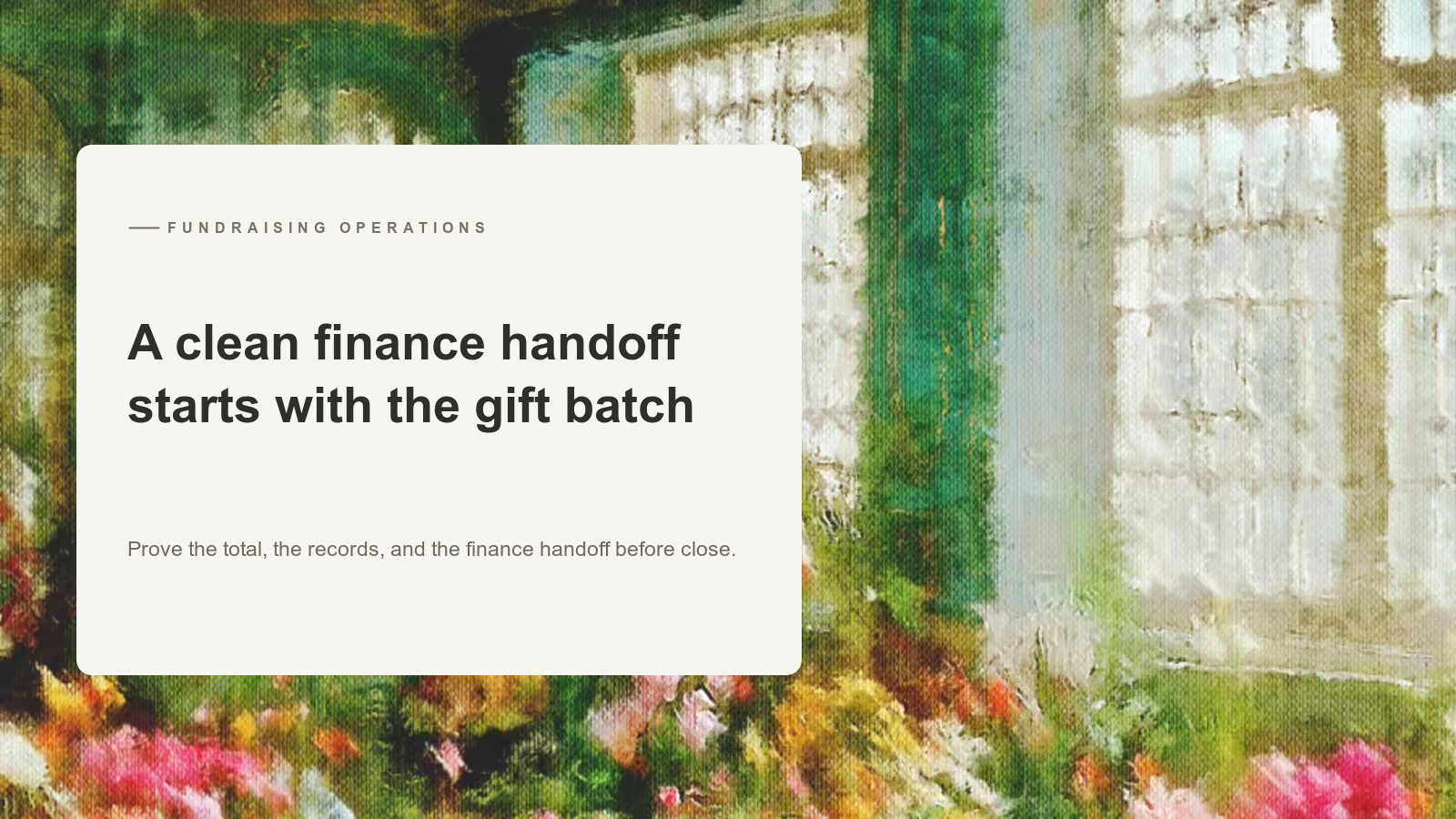 Editorial card over an Aurelia painting of a bright greenhouse filled with flowers and tall windows.
