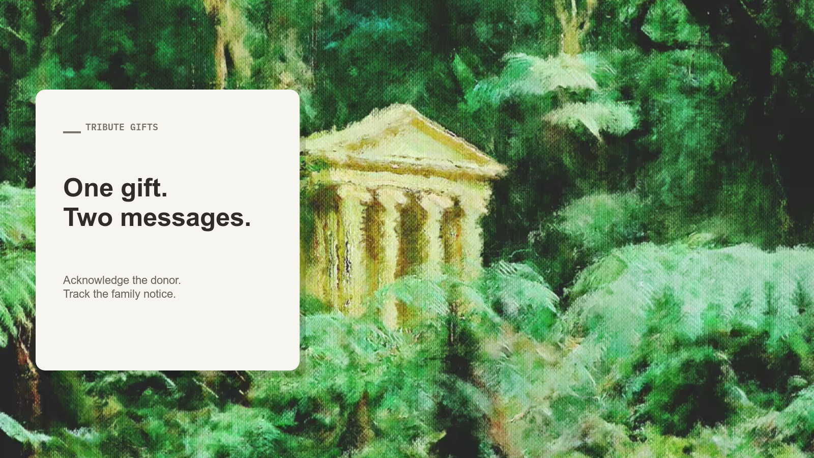 Editorial card reading “One gift. Two messages.” beside an Aurelia painting of a pale classical pavilion in a dense green garden.