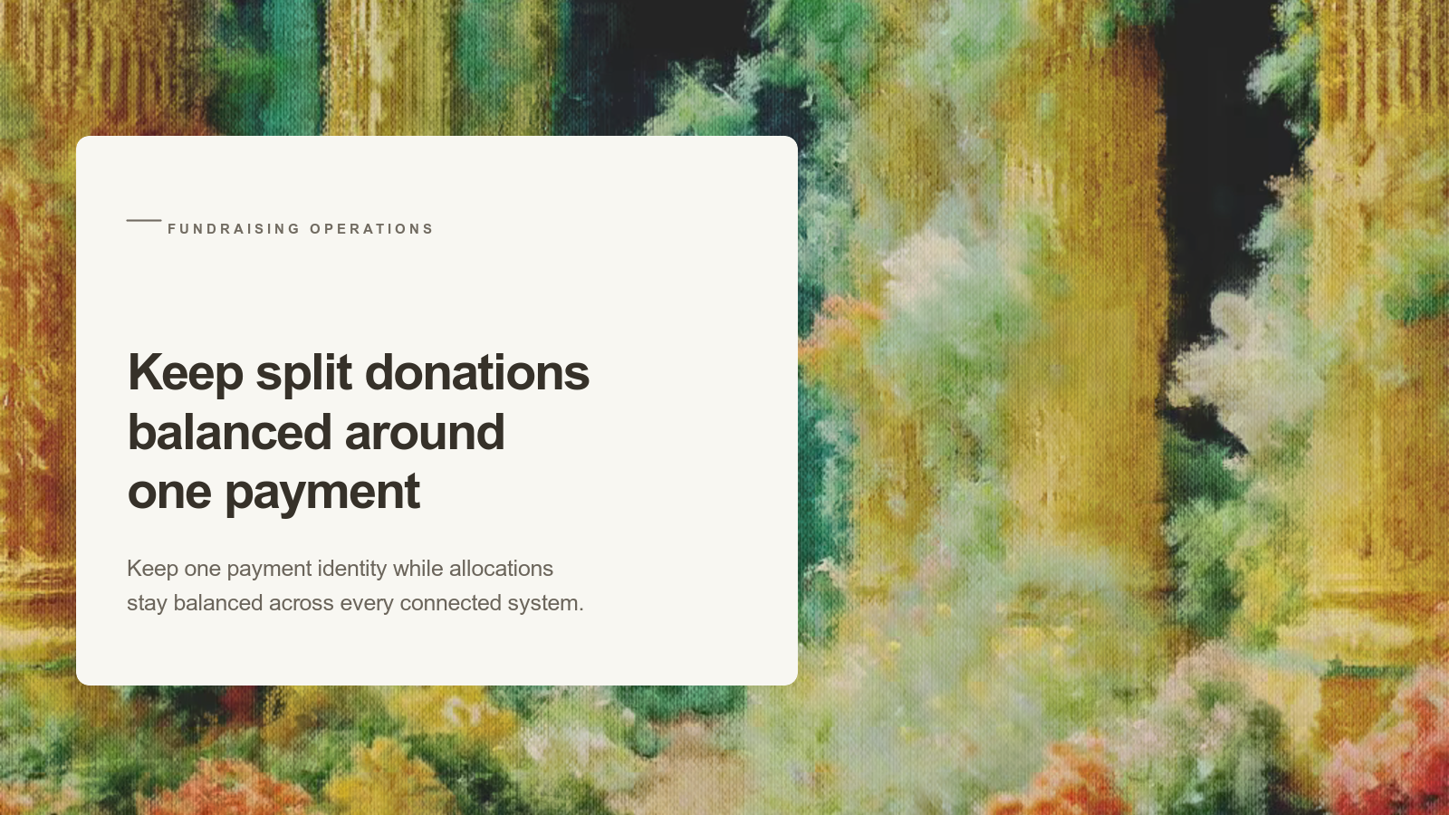 Editorial card about one split-fund payment over an Aurelia painting of golden columns and a connected green garden.