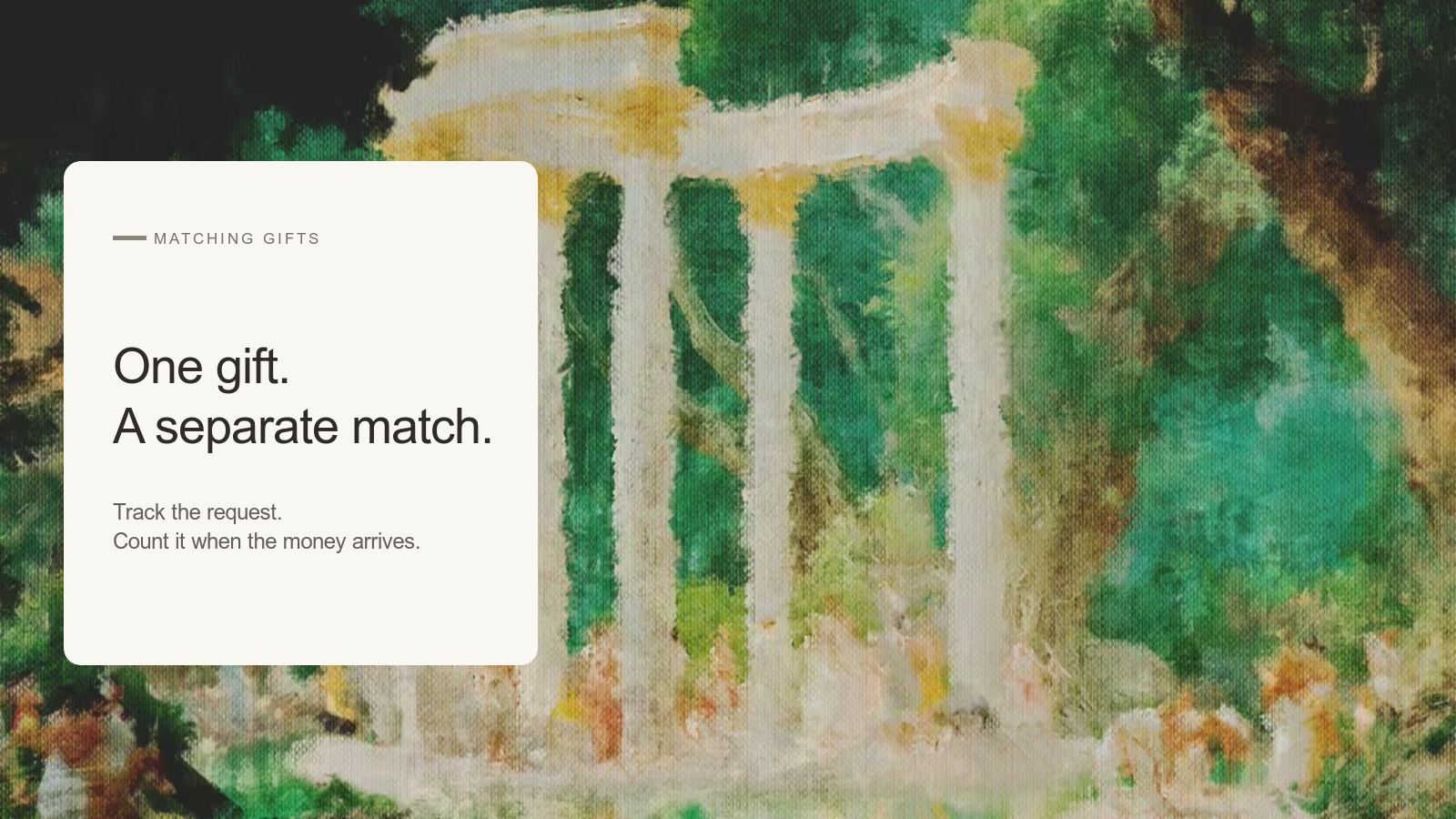 Editorial card reading “One gift. A separate match.” beside an Aurelia painting of a pale columned pavilion in a green garden.