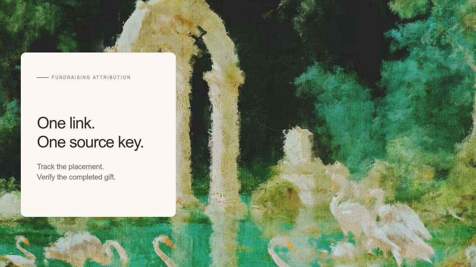 Editorial card reading “One link. One source key.” beside an Aurelia painting of white swans around a pale garden pavilion.