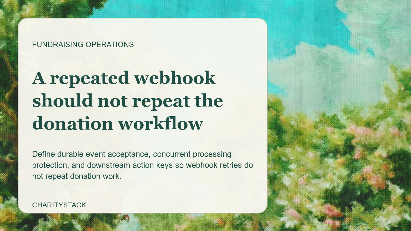Editorial card over an Aurelia painting of a sunlit garden opening onto a turquoise sky.
