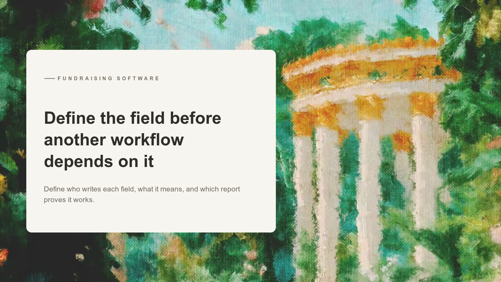 Editorial card over an Aurelia painting of a sunlit columned pavilion framed by deep green foliage.